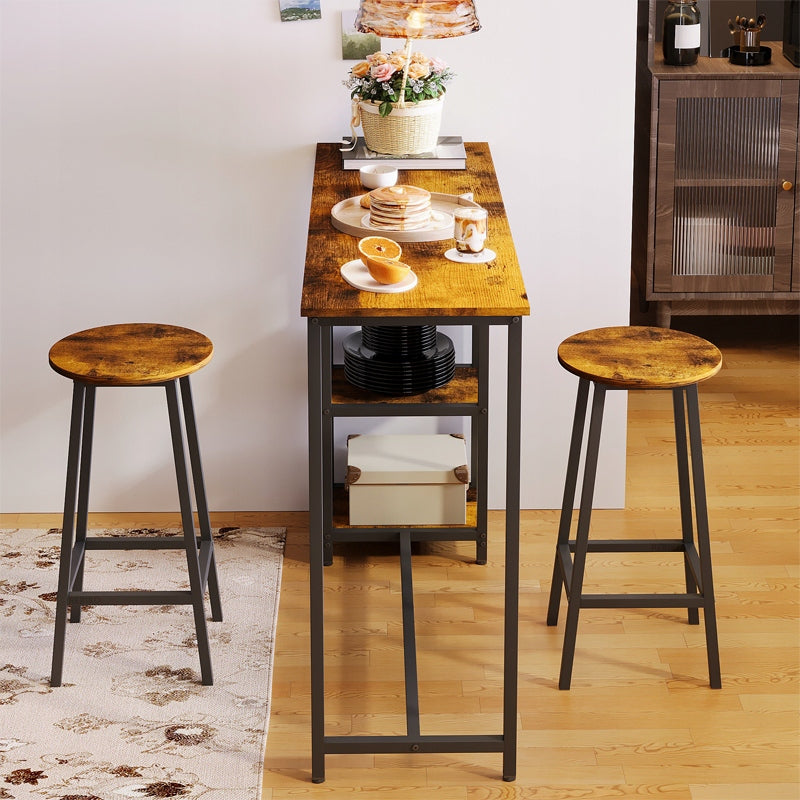 Set Bar Stil Loft cu Masa 120 cm si 2 Scaune Taburet, Maro Rustic si Metal