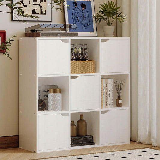 Etajera Alba cu 9 Rafturi, Deschise si Inchise, Stil Loft Modern, 90x90x30 cm