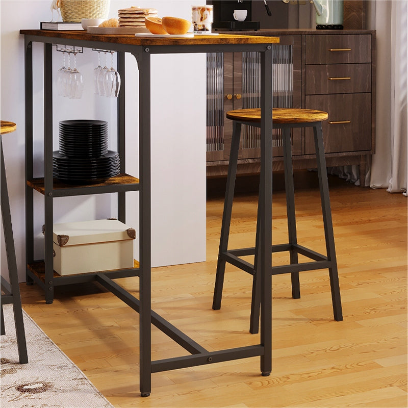 Set Bar Stil Loft cu Masa 120 cm si 2 Scaune Taburet, Maro Rustic si Metal