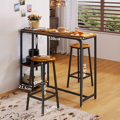 Set Bar Stil Loft cu Masa 120 cm si 2 Scaune Taburet, Maro Rustic si Metal