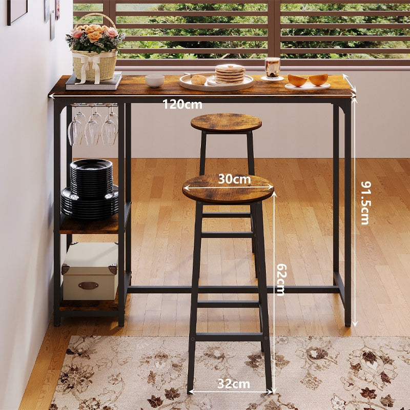 Set Bar Stil Loft cu Masa 120 cm si 2 Scaune Taburet, Maro Rustic si Metal