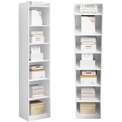 Bibliotecă verticală 180 cm – albă, 7 compartimente, MDF, pentru living/birou
