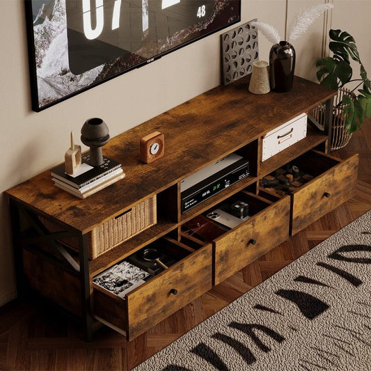Comoda TV Stil Industrial Loft din MDF si Metal, Maro Rustic, 143x40x50 cm