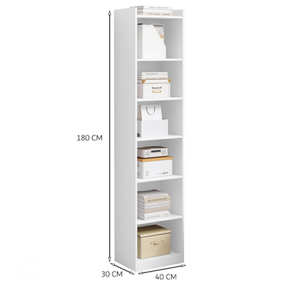 Bibliotecă verticală 180 cm – albă, 7 compartimente, MDF, pentru living/birou