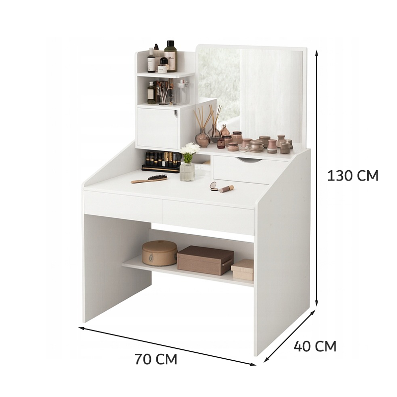 Măsuță toaletă albă 70 cm – compactă, cu depozitare