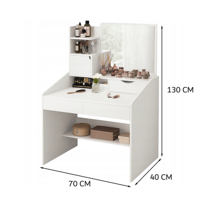 Măsuță toaletă albă 70 cm – compactă, cu depozitare