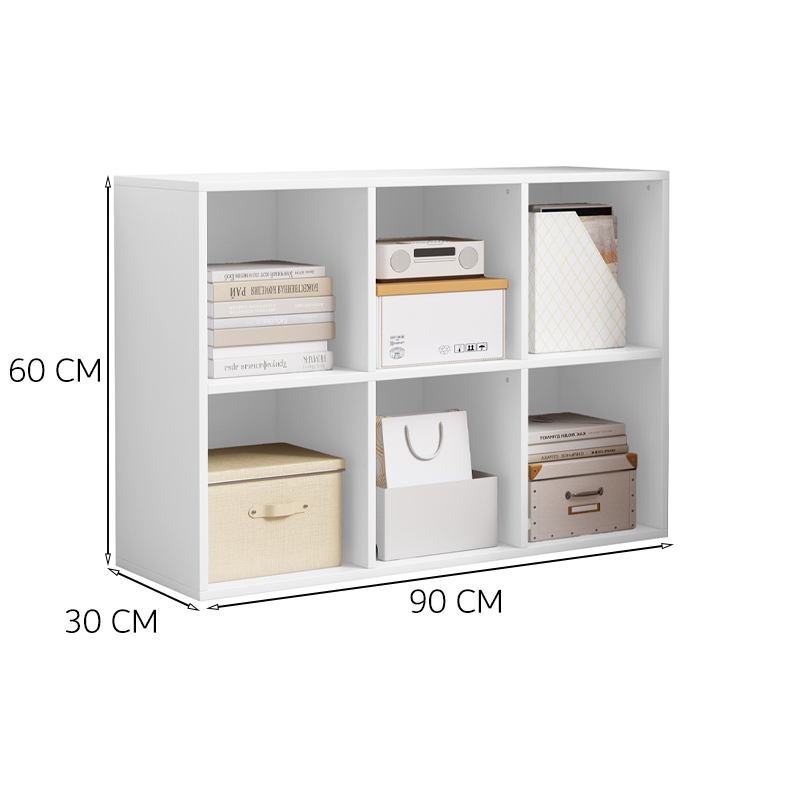 Bibliotecă 6 cuburi 90 cm – albă, MDF, raft 2x3 pentru living/birou
