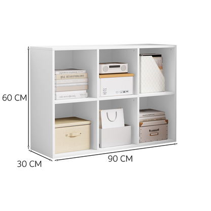 Bibliotecă 6 cuburi 90 cm – albă, MDF, raft 2x3 pentru living/birou