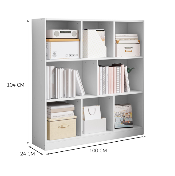 Bibliotecă depozitare 100 cm – albă, 8 spații, MDF, design minimalist